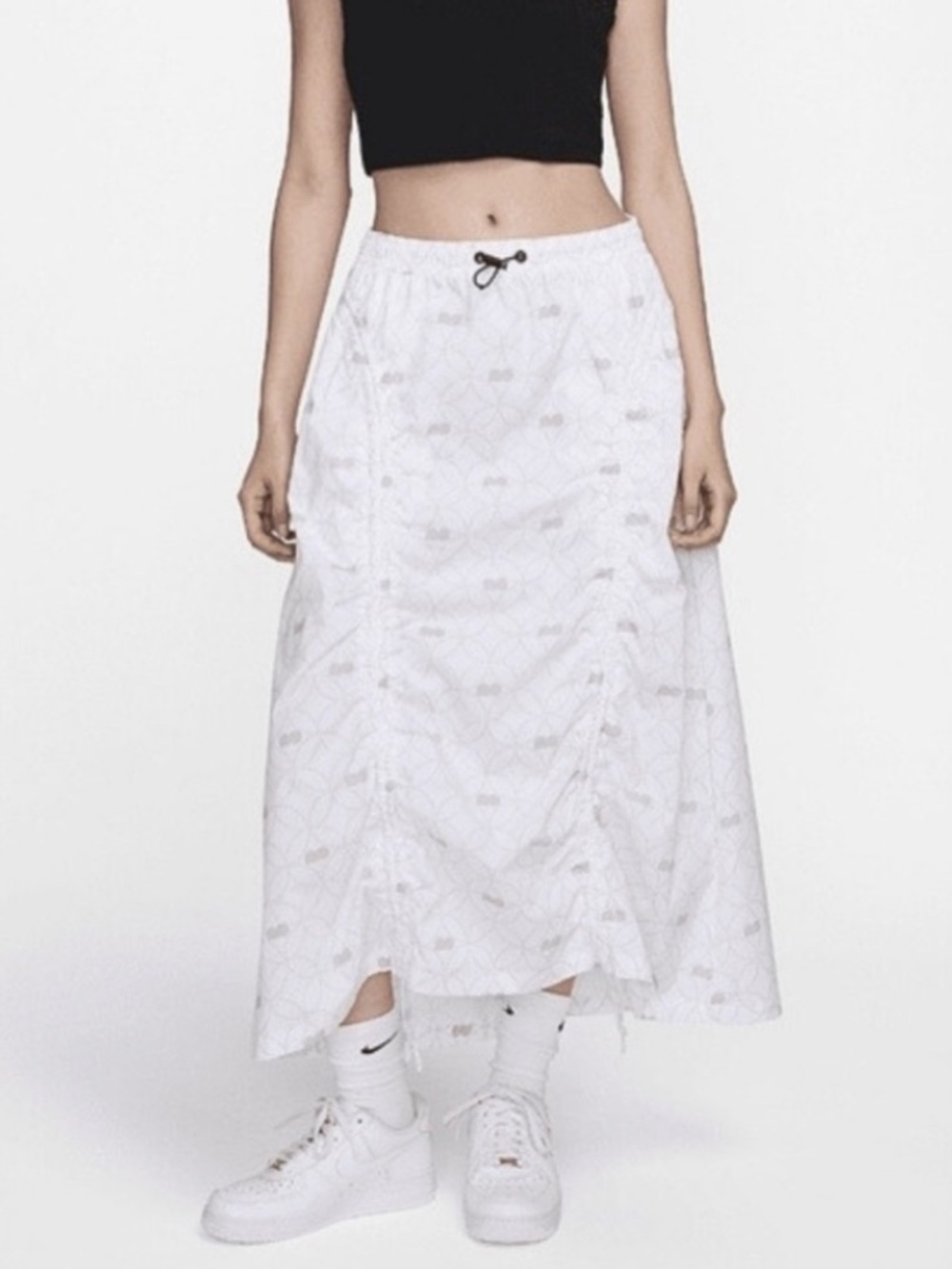 NWT Nike | Women’s White A-line Drawstring Ruched Maxi Skirt Ruffle Hem Size L